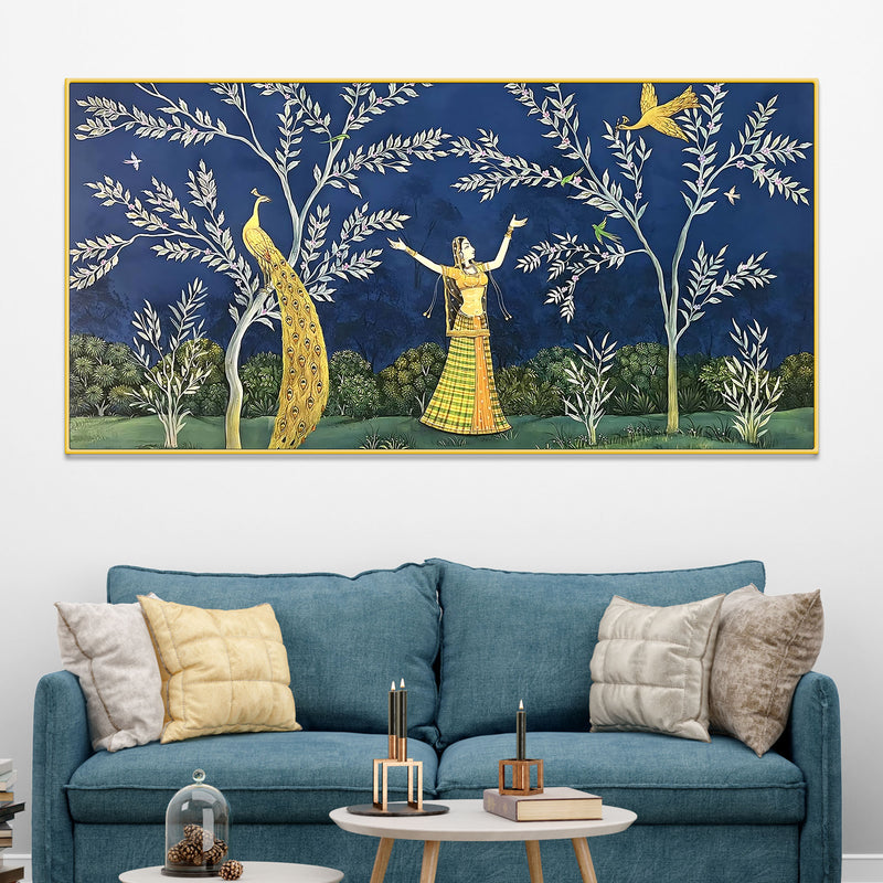 Elegant Peacock and Dancing Maiden Canvas Wall Painting