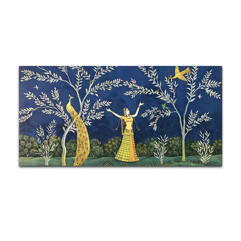 Elegant Peacock and Dancing Maiden Canvas Wall Painting
