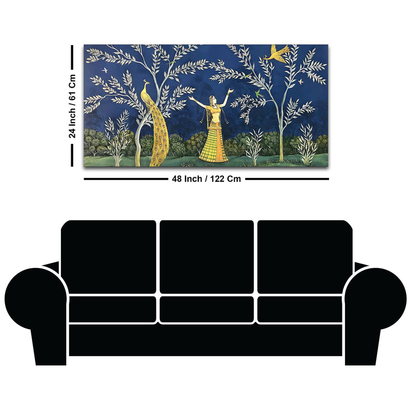 Elegant Peacock and Dancing Maiden Canvas Wall Painting