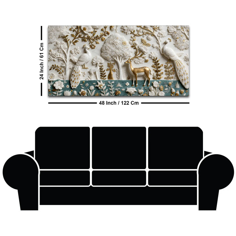 Elegant Peacock and Deer Garden Marble Effect 3D Textured Canvas Wall Painting