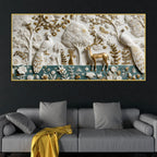 Elegant Peacock and Deer Garden Marble Relief 3D Effect Canvas Wall Painting