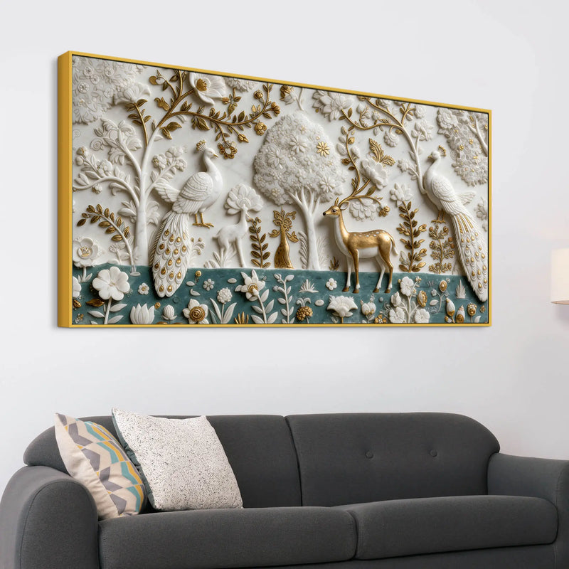 Elegant Peacock and Deer Garden Marble Relief 3D Effect Canvas Wall Painting
