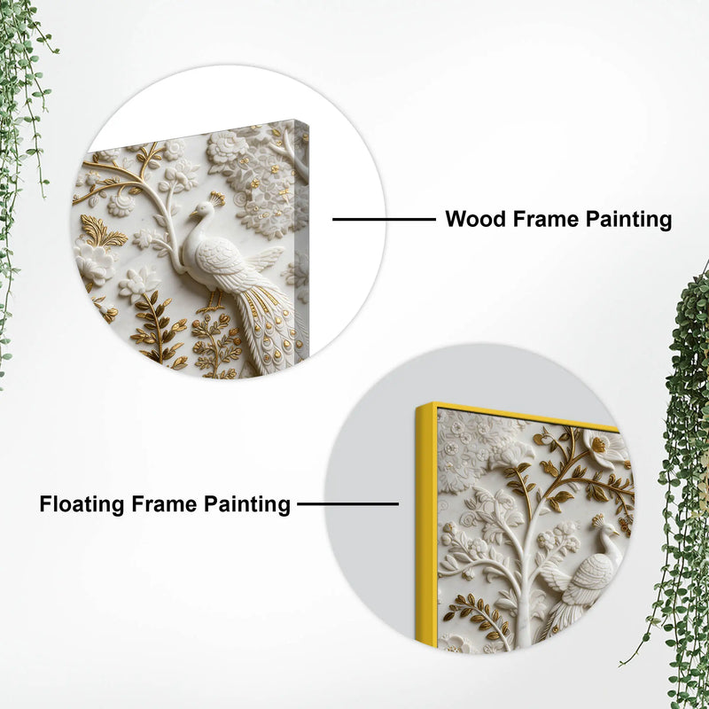 Elegant Peacock and Deer Garden Marble Relief 3D Effect Canvas Wall Painting