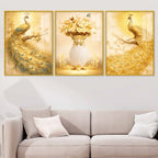 Elegant Peacock and Flower Vase Floating Acrylic Wall Painting Set of 3