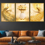 Elegant Peacock and Flower Vase Floating Acrylic Wall Painting Set of 3