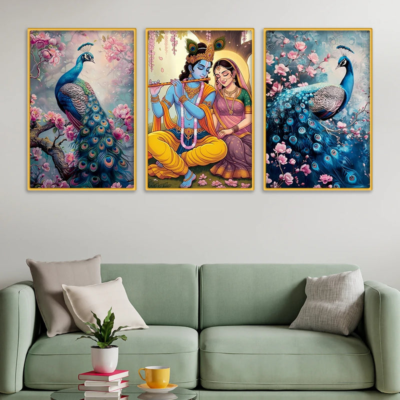 Elegant Peacock and Radha Krishna Canvas Wall Painting Set of Three