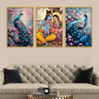 Elegant Peacock and Radha Krishna Canvas Wall Painting Set of Three