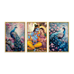 Elegant Peacock and Radha Krishna Canvas Wall Painting Set of Three