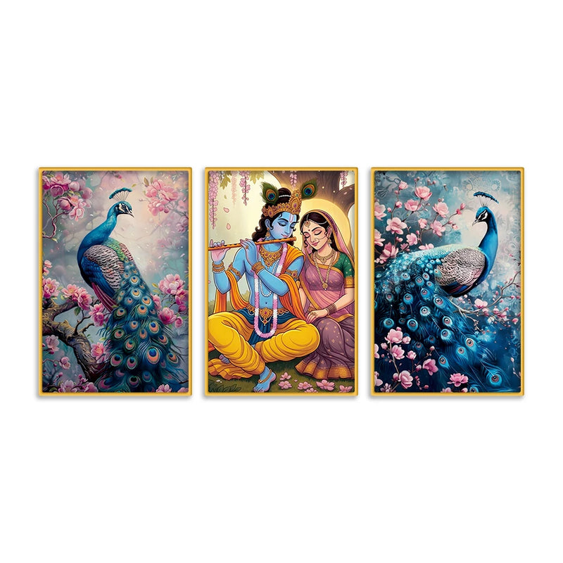 Elegant Peacock and Radha Krishna Canvas Wall Painting Set of Three