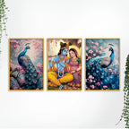 Elegant Peacock and Radha Krishna Canvas Wall Painting Set of Three