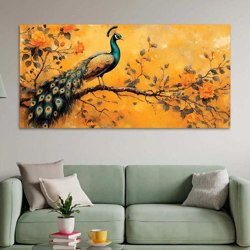 Elegant Peacock Sitting On Floral Branch Canvas Wall Painting