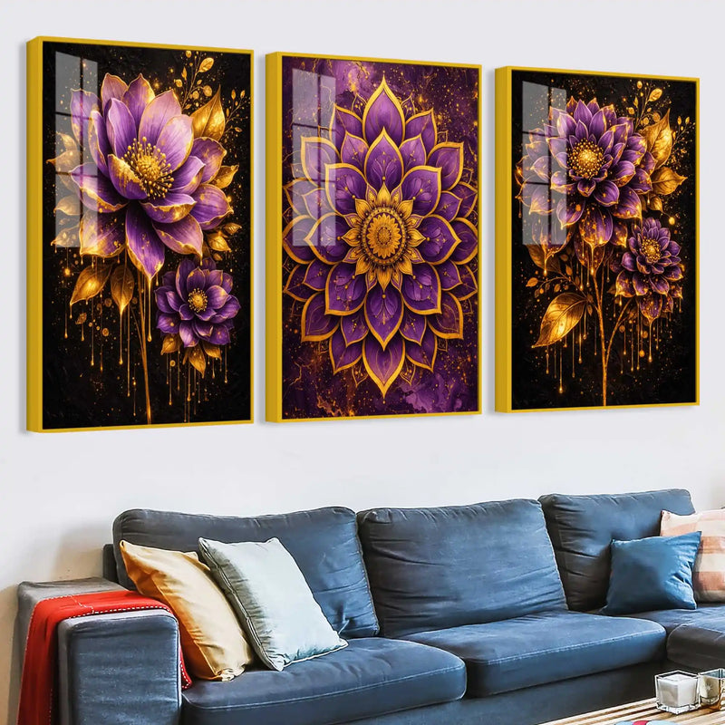 Elegant Purple Blossom Acrylic Floating Wall Painting Set of 3
