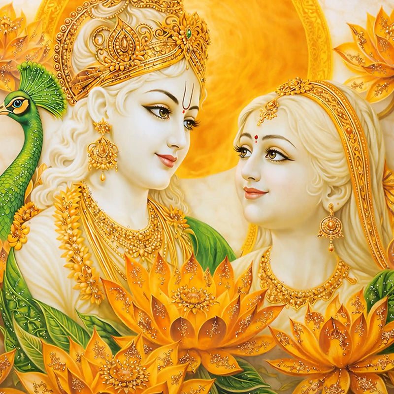 Elegant Radha Krishna Lotus Floral Crystal Glass Wall Painting