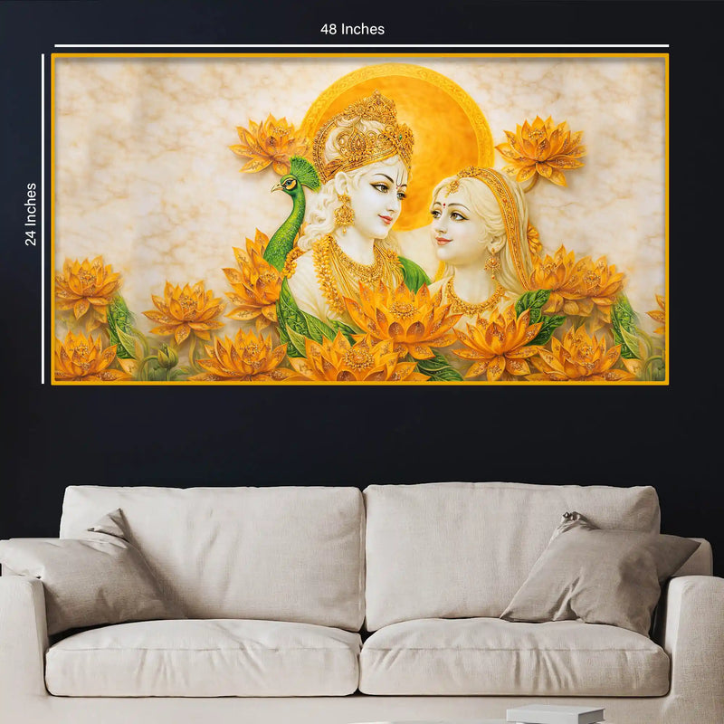 Elegant Radha Krishna Lotus Floral Crystal Glass Wall Painting