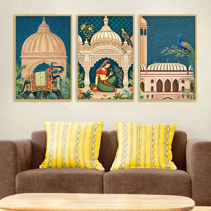 Elegant Rajasthan Palace Canvas Wall Art Painting Set of 3
