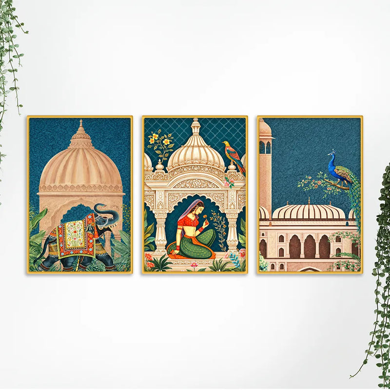 Elegant Rajasthan Palace Canvas Wall Art Painting Set of 3