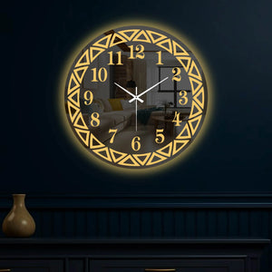 Elegant Round LED Mirror Wall Clock with Geometric Golden Border