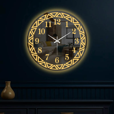 Elegant Round LED Mirror Wall Clock with Geometric Golden Border