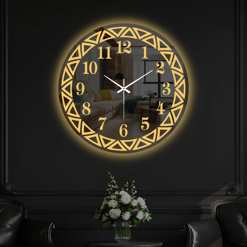 Elegant Round LED Mirror Wall Clock with Geometric Golden Border