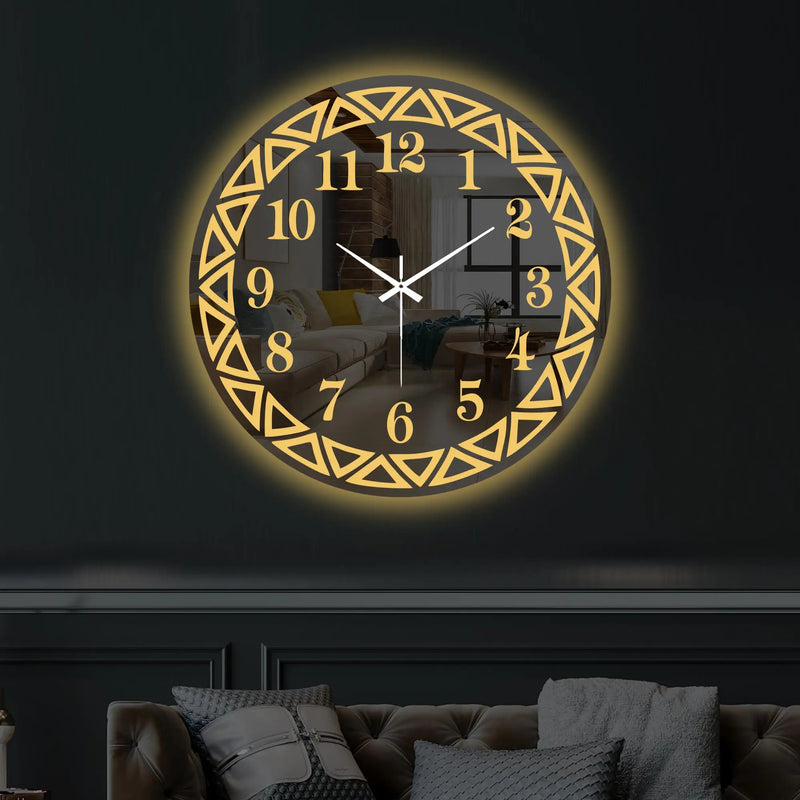 Elegant Round LED Mirror Wall Clock with Geometric Golden Border