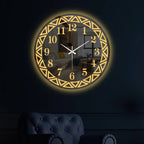 Elegant Round LED Mirror Wall Clock with Geometric Golden Border