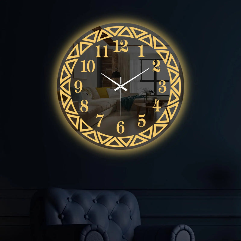 Elegant Round LED Mirror Wall Clock with Geometric Golden Border