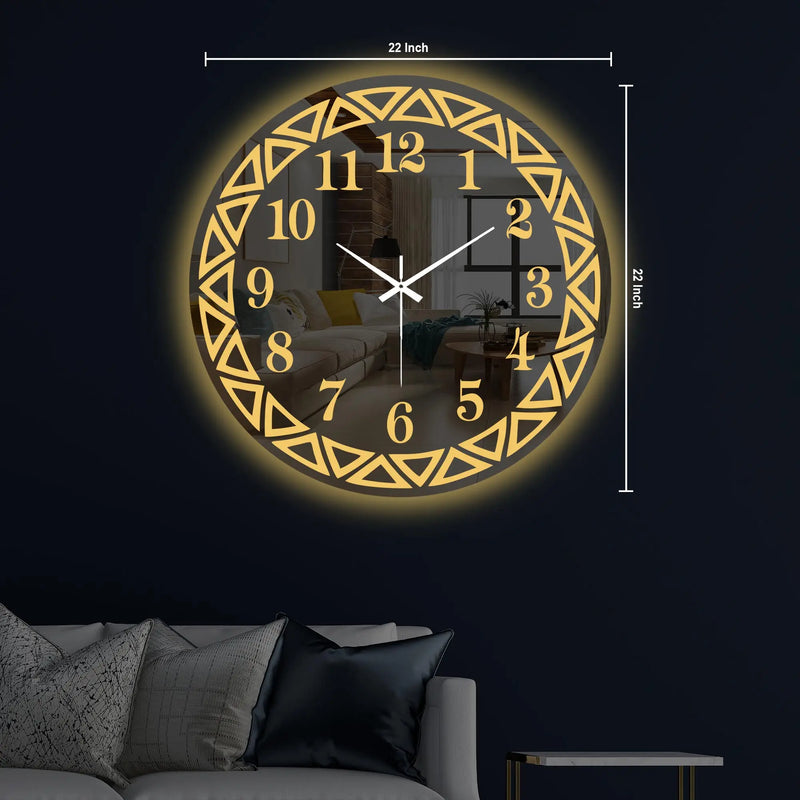 Elegant Round LED Mirror Wall Clock with Geometric Golden Border