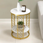 Elegant Round Side Table with Double Marble Look Shelves