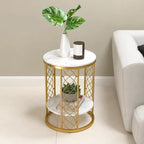 Elegant Round Side Table with Double Marble Look Shelves