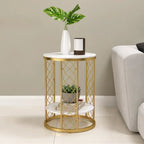Elegant Round Side Table with Double Marble Look Shelves