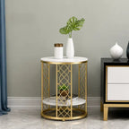 Elegant Round Side Table with Double Marble Look Shelves