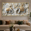Elegant Royal Elephants in White & Golden Floral Garden 3D Canvas Wall Painting