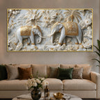 Elegant Royal Elephants in White & Golden Floral Garden 3D Canvas Wall Painting