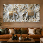 Elegant Royal Elephants in White & Golden Floral Garden 3D Canvas Wall Painting