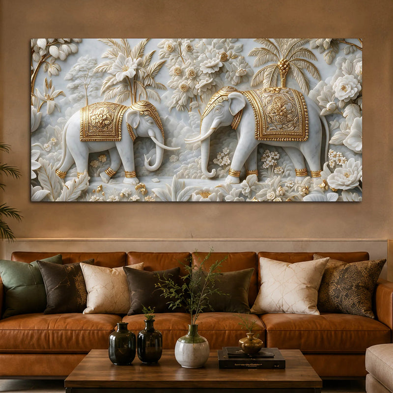 Elegant Royal Elephants in White & Golden Floral Garden 3D Canvas Wall Painting