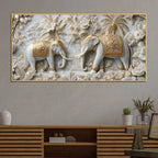 Elegant Royal Elephants in White & Golden Floral Garden 3D Canvas Wall Painting