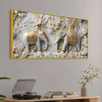 Elegant Royal Elephants in White & Golden Floral Garden 3D Canvas Wall Painting