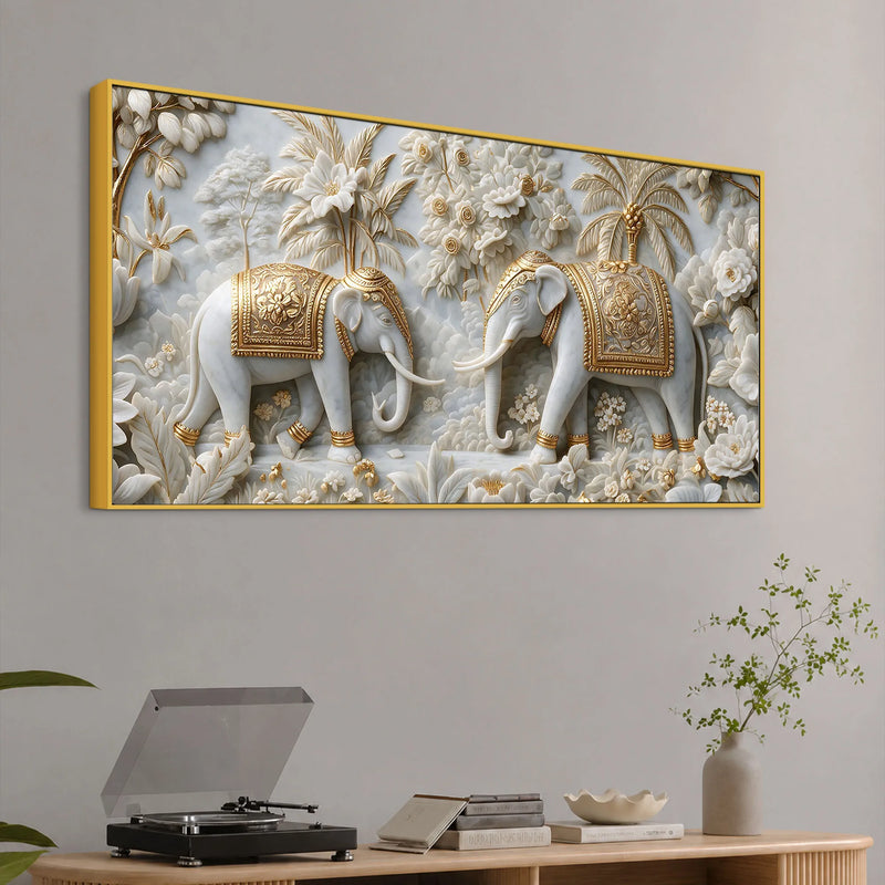 Elegant Royal Elephants in White & Golden Floral Garden 3D Canvas Wall Painting