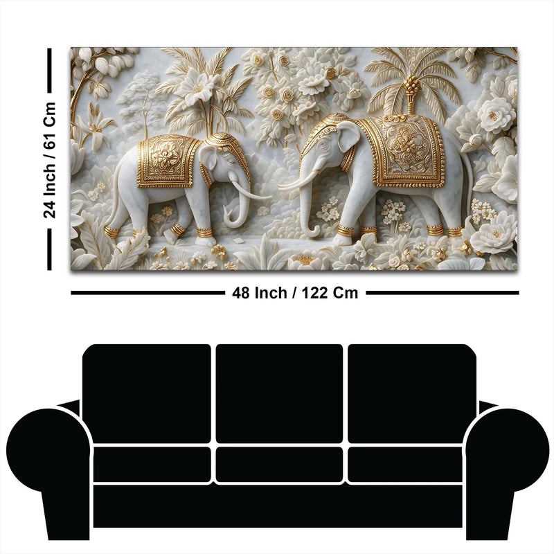 Elegant Royal Elephants in White & Golden Floral Garden 3D Canvas Wall Painting