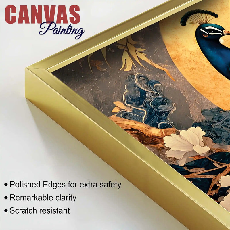 Elegant Royal Peacock Under a Golden Full Moon Canvas Wall Painting