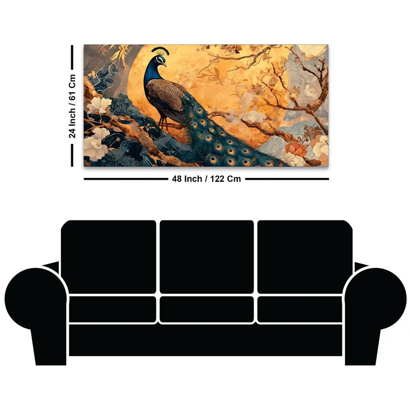 Elegant Royal Peacock Under a Golden Full Moon Canvas Wall Painting