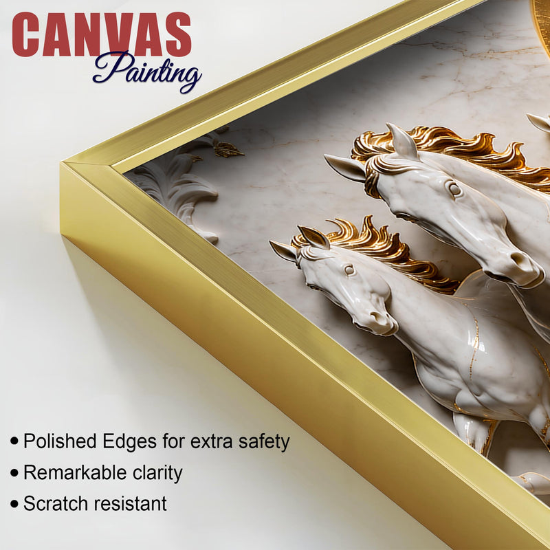 Elegant Seven White Horses Marble Relief 3D Canvas Wall Painting