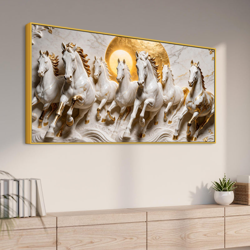 Elegant Seven White Horses Marble Relief 3D Canvas Wall Painting