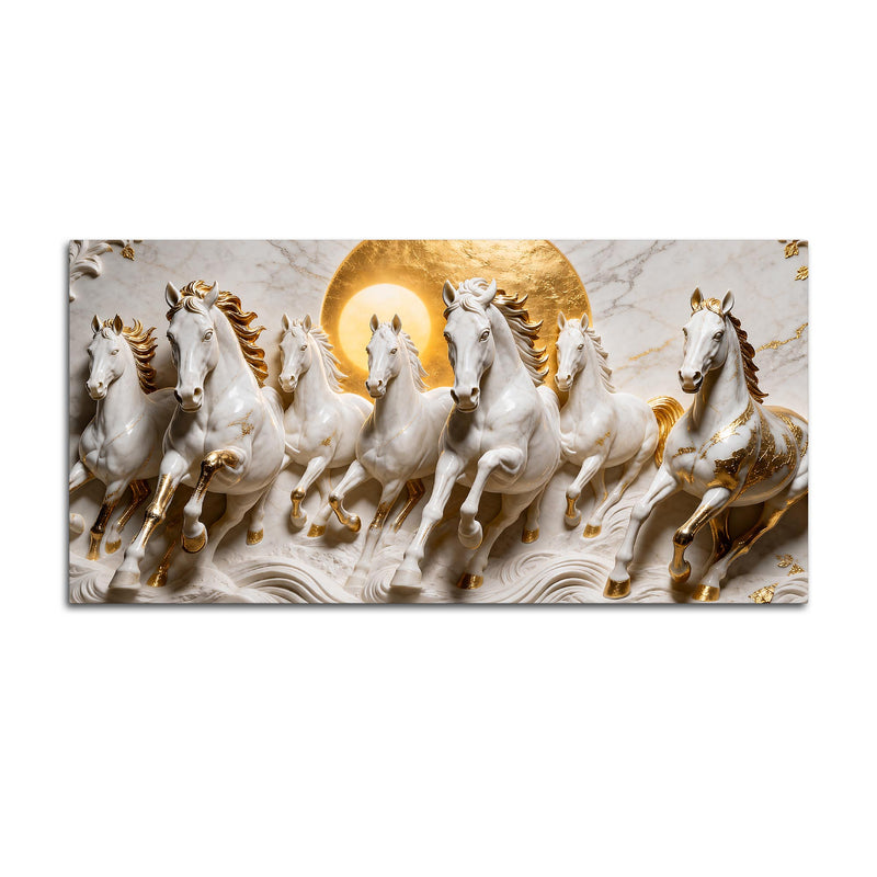 Elegant Seven White Horses Marble Relief 3D Canvas Wall Painting