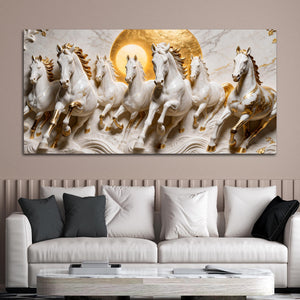 Elegant Seven White Horses Marble Relief 3D Canvas Wall Painting