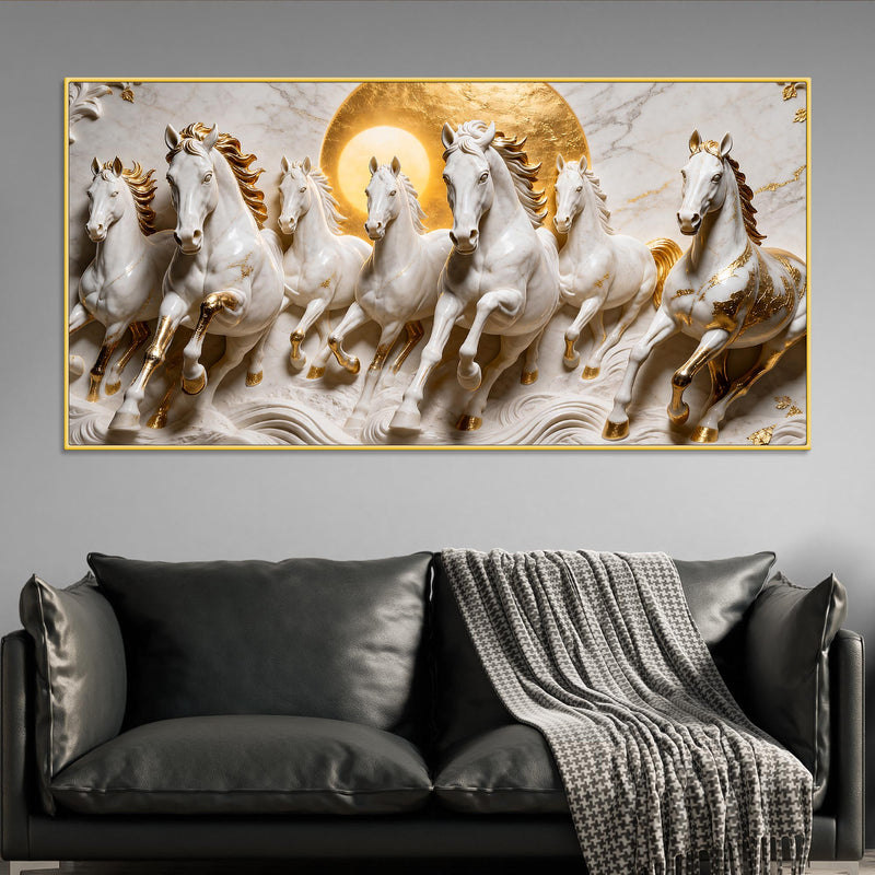 Elegant Seven White Horses Marble Relief 3D Canvas Wall Painting