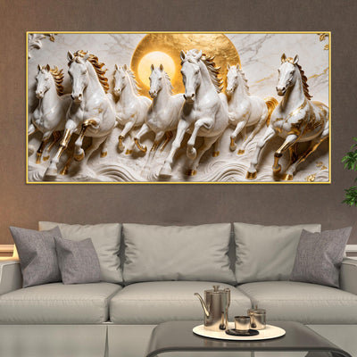 Elegant Seven White Horses Marble Relief 3D Canvas Wall Painting