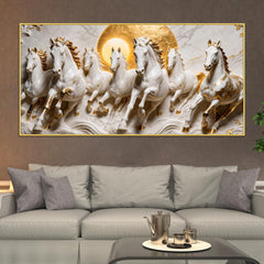 Elegant Seven White Horses Marble Relief 3D Canvas Wall Painting