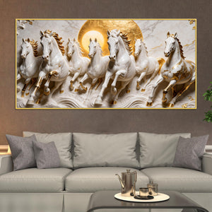 Elegant Seven White Horses Marble Relief 3D Canvas Wall Painting