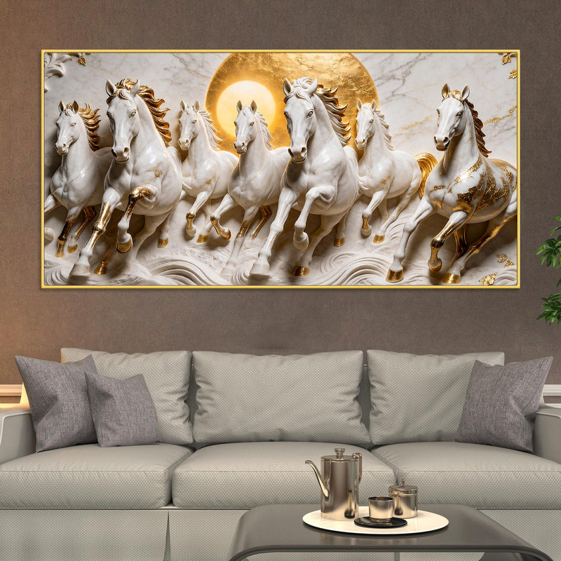 Elegant Seven White Horses Marble Relief 3D Canvas Wall Painting